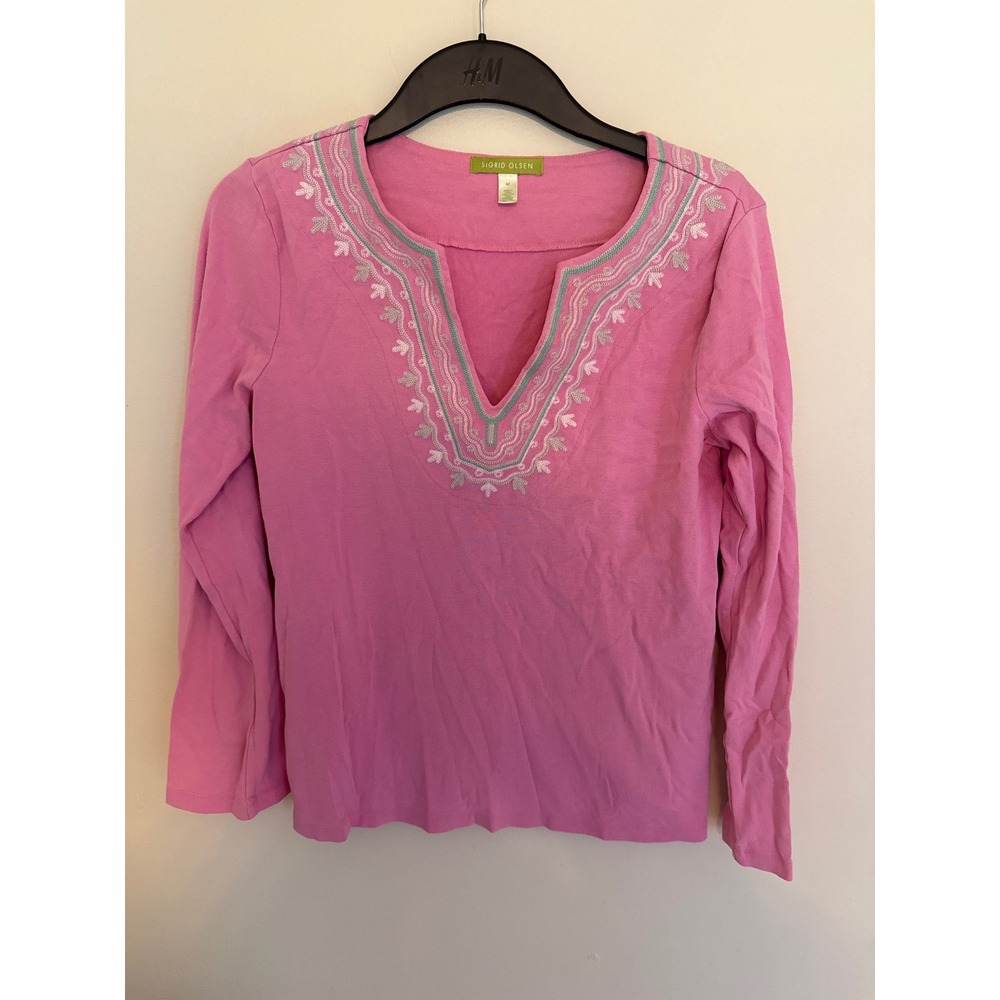 Sigrid Olsen Pink Embroidered V-Neck Long Sleeve Cotton Top Womens Medium